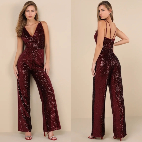 Lulus Sensational Energy Burgundy Velvet Sequin Backless Jumpsuit XL Wedding - Picture 1 of 11